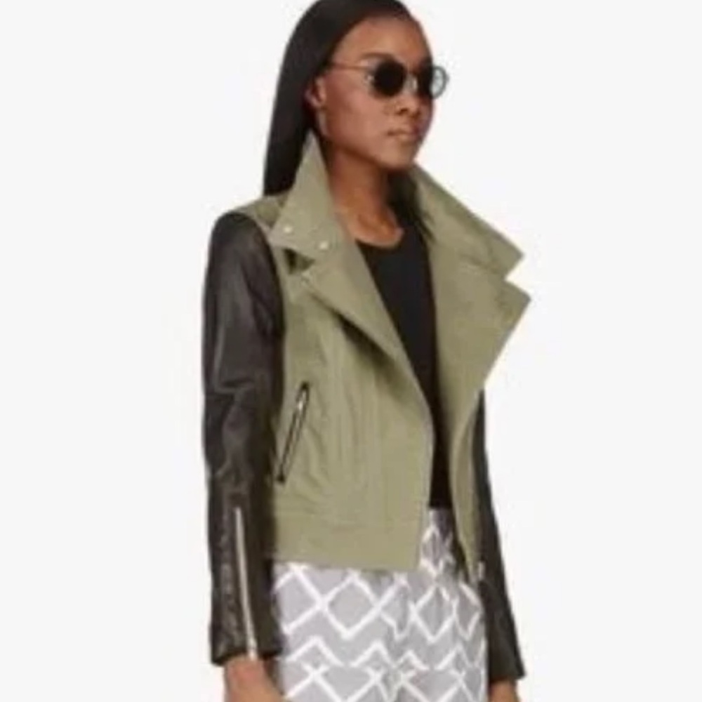 Mackage Black Minella Leather Khaki Olive Canvas Biker Moto Jacket